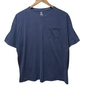 plain blank navy blue Hanes comfort soft short sleeve front pocket work T-shirt